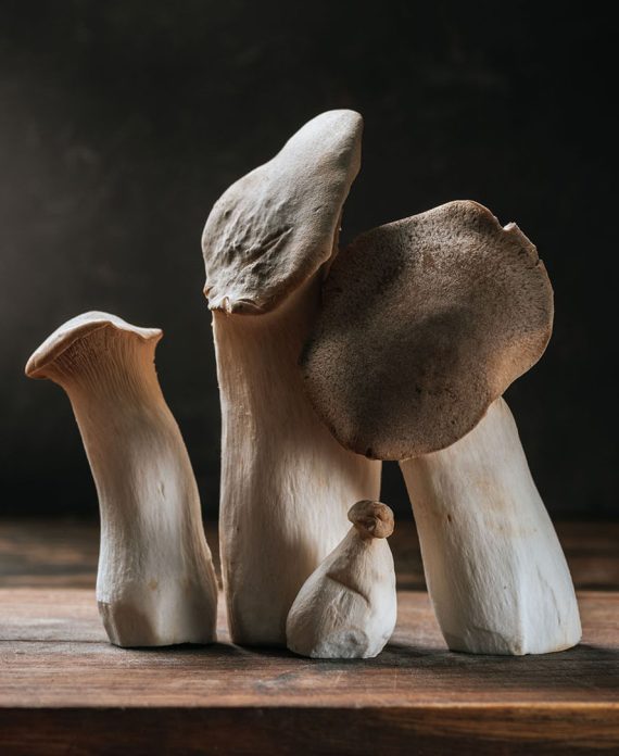 ripe king trumpet mushrooms on wooden cutting board